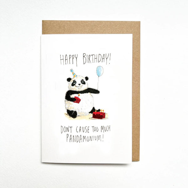 Happy Birthday, Don't Cause Too Much Pandamonium! | Greeting Card by Well Drawn. Australian Art Prints and Homewares. Green Door Decor. www.greendoordecor.com.au