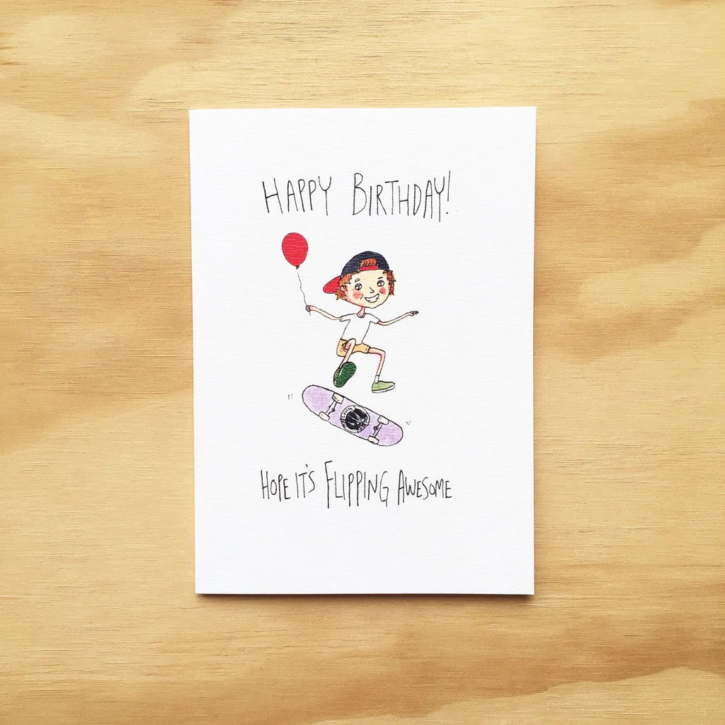 Happy Birthday, Hope it's Flipping Awesome | Greeting Card by Well Drawn. Australian Art Prints and Homewares. Green Door Decor. www.greendoordecor.com.au