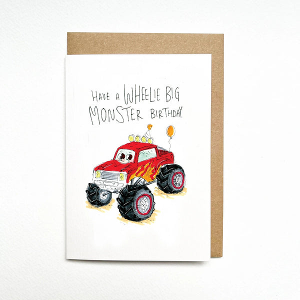 Have a Wheelie Big Monster Birthday | Greeting Card by Well Drawn. Australian Art Prints, Gifts, Fashion and Homewares. Green Door Decor. www.greendoordecor.com.au