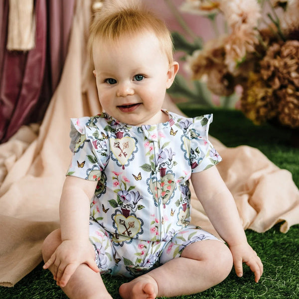 'Hearts' Precious Shorty Frill Coverall | Blue Stripe by Fleur Harris. Australian Art Prints and Homewares. Green Door Decor. www.greendoordecor.com.au