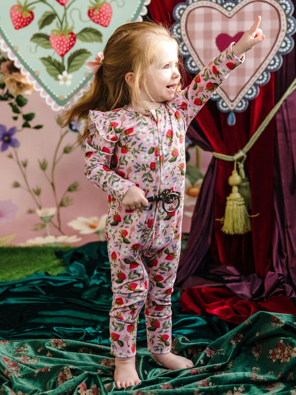 'Hearts Floral' Precious Frill Coverall | Pink by Fleur Harris. Australian Art Prints and Homewares. Green Door Decor. www.greendoordecor.com.au