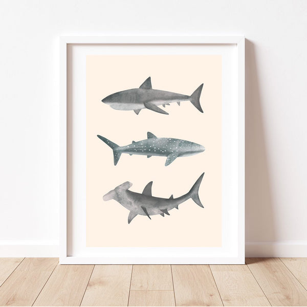 'Shark Trio' | Under the Sea Sharks Wall Art Print by Cassie Zaccardo. Australian Art Prints and Homewares. Green Door Decor. www.greendoordecor.com.au