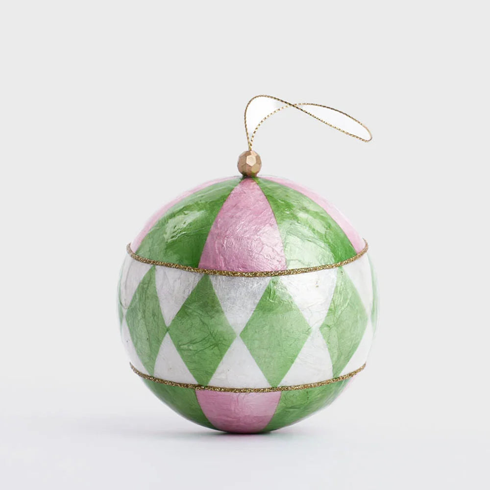 Harlequin Capiz Bauble - Pink & Green | Christmas Hanging Decorations by Florabelle Living. Australian Art Prints, Gifts, Fashion and Homewares. Green Door Decor. www.greendoordecor.com.au