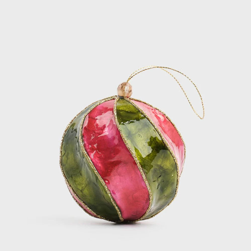 Twirl Handpainted Capiz Bauble - Green & Pink | Christmas Hanging Decorations by Florabelle Living. Australian Art Prints, Gifts, Fashion and Homewares. Green Door Decor. www.greendoordecor.com.au