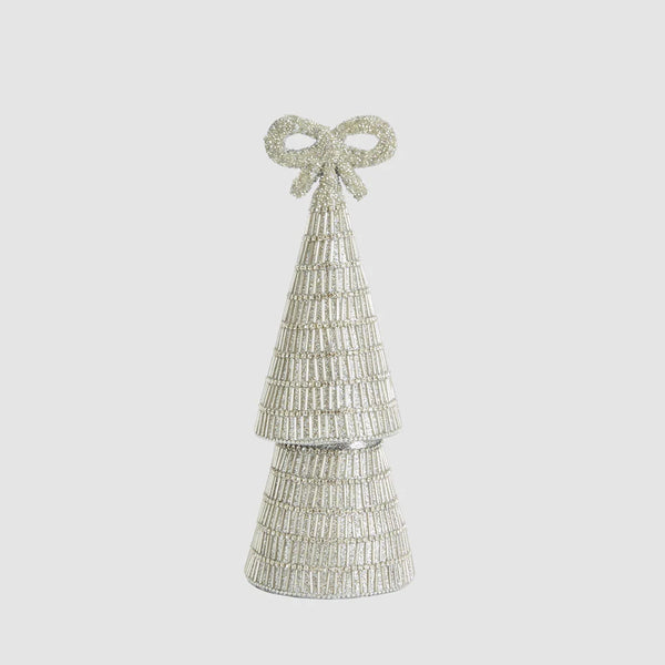 Tiffany Bow Bugle Bead Tiered Cone Tree Small - Silver | Christmas Decorations by Florabelle Living. Australian Art Prints, Gifts, Fashion and Homewares. Green Door Decor. www.greendoordecor.com.au