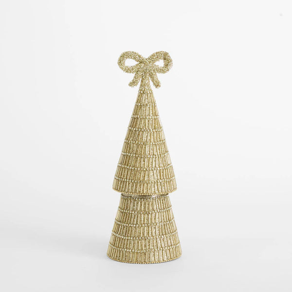 Tiffany Bow Bugle Bead Tiered Cone Tree Small - Gold | Christmas Decorations by Florabelle Living. Australian Art Prints, Gifts, Fashion and Homewares. Green Door Decor. www.greendoordecor.com.au