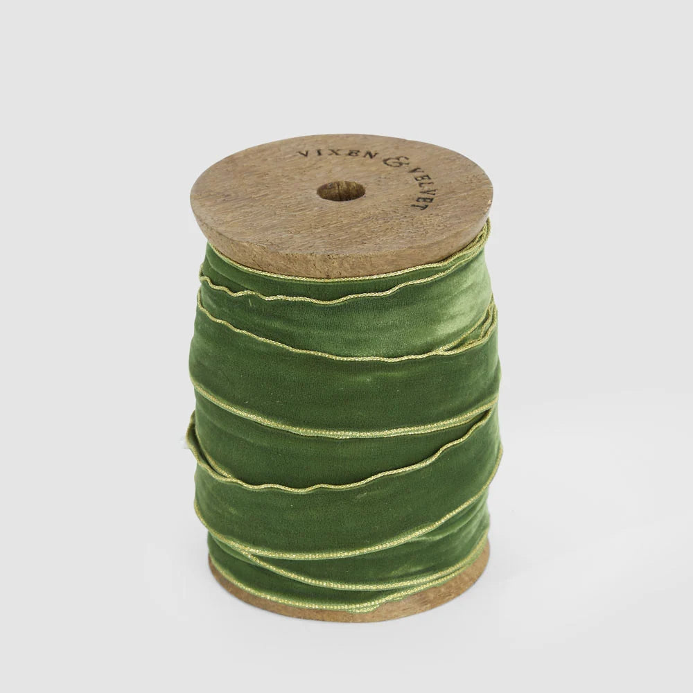 Velvet Ribbon Roll with Gold Trim - Olive Green | 20mm x 10m by Florabelle Living. Australian Art Prints, Gifts, Fashion and Homewares. Green Door Decor. www.greendoordecor.com.au