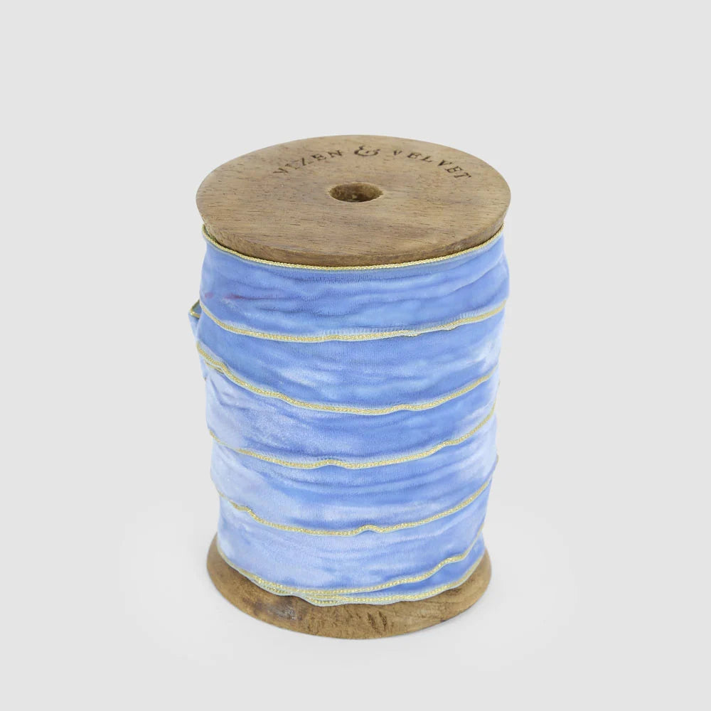 Velvet Ribbon Roll w. Gold Trim Cornflower Blue | 20mm x 10m by Florabelle Living. Australian Art Prints, Gifts, Fashion and Homewares. Green Door Decor. www.greendoordecor.com.au