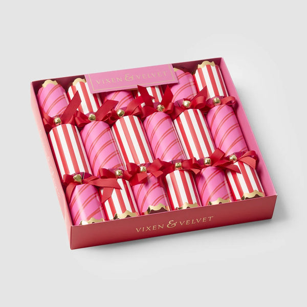 Carnival Stripe Christmas Crackers - Red & Pink | Box of 6 by Florabelle Living. Australian Art Prints, Gifts, Fashion and Homewares. Green Door Decor. www.greendoordecor.com.au