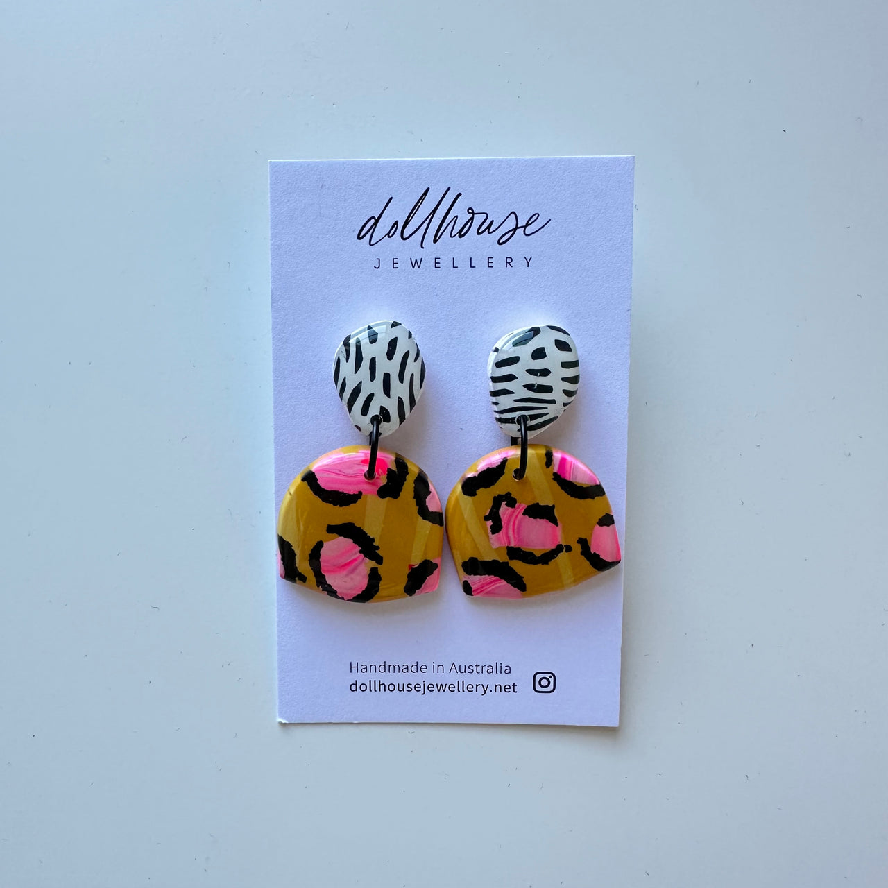 'Mustard Pink Leopard' Dangles by Dollhouse Jewellery. Australian Art Prints and Homewares. Green Door Decor. www.greendoordecor.com.au