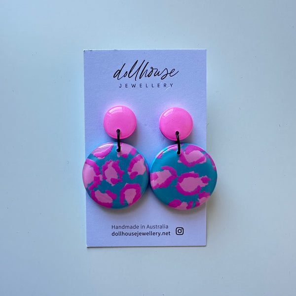 'Pink Blue Leopard' Dangles by Dollhouse Jewellery. Australian Art Prints and Homewares. Green Door Decor. www.greendoordecor.com.au