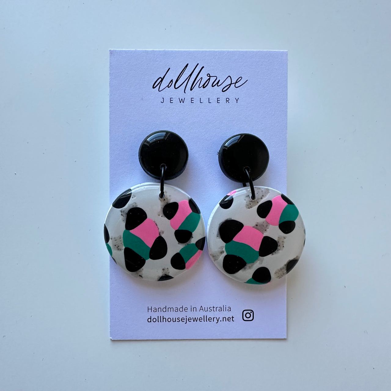 'Aqua Pink Round' Dangles by Dollhouse Jewellery. Australian Art Prints and Homewares. Green Door Decor. www.greendoordecor.com.au