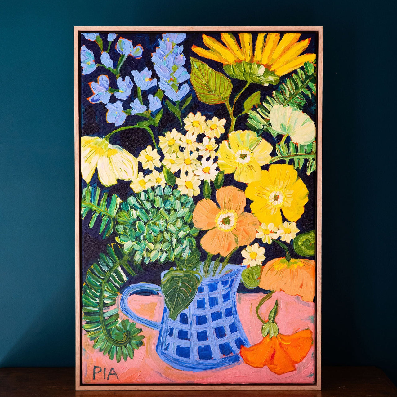 In The Winter Garden (Blue Check Vase) | Original Painting by Pia Kuykhoven. Australian Art Prints and Homewares. Green Door Decor. www.greendoordecor.com.au