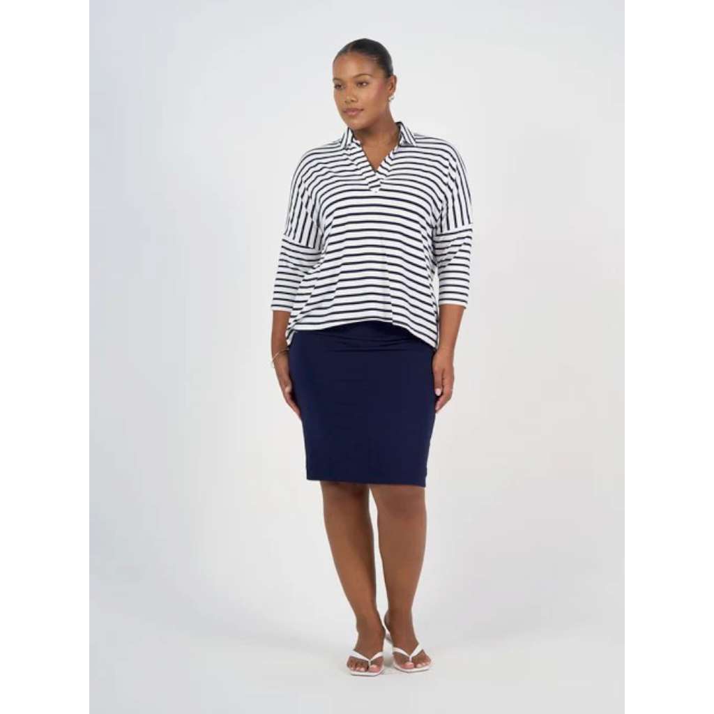 Khan Bamboo 3/4 Sleeve Collared Polo Top | Navy & White Stripe by Lou Lou Australia. Australian Art Prints, Gifts, Fashion and Homewares. Green Door Decor. www.greendoordecor.com.au