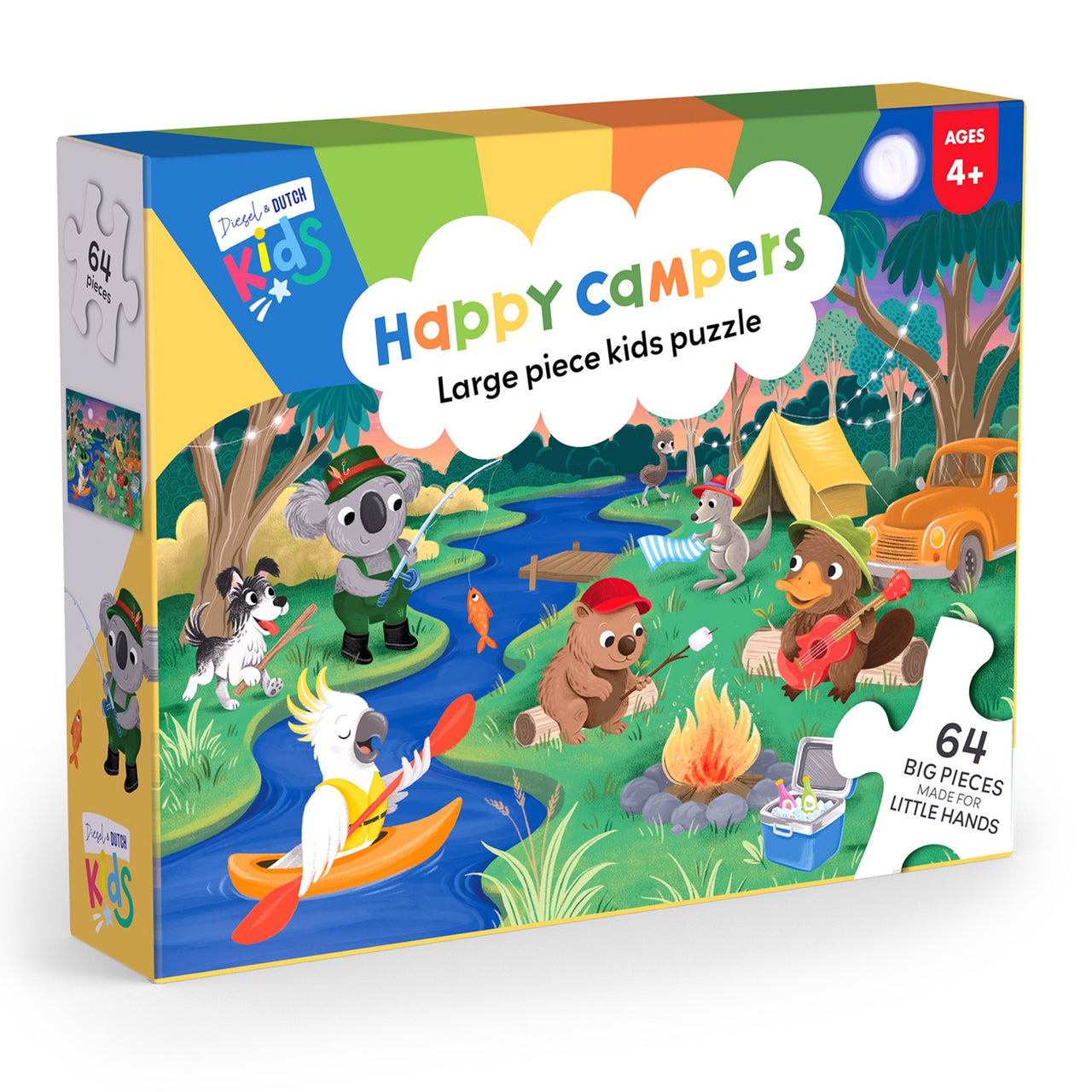 Kids 64pc Jigsaw Puzzle | Happy Campers by Diesel & Dutch. Australian Art Prints, Gifts, Fashion and Homewares. Green Door Decor. www.greendoordecor.com.au