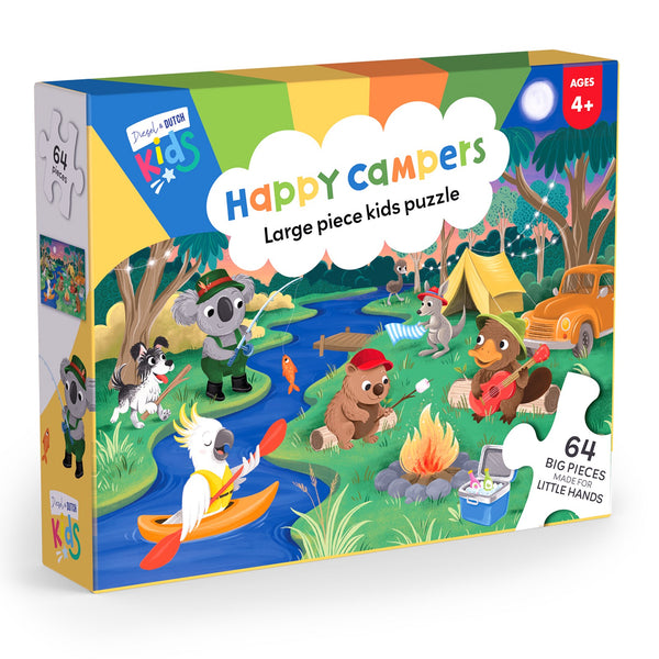 Kids 64pc Jigsaw Puzzle | Happy Campers by Diesel & Dutch. Australian Art Prints, Gifts, Fashion and Homewares. Green Door Decor. www.greendoordecor.com.au