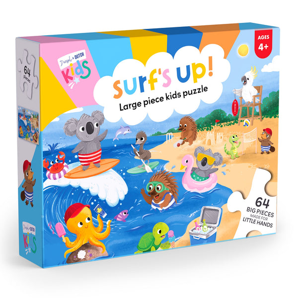 Kids 64pc Jigsaw Puzzle | Surf's Up by Diesel & Dutch. Australian Art Prints, Gifts, Fashion and Homewares. Green Door Decor. www.greendoordecor.com.au