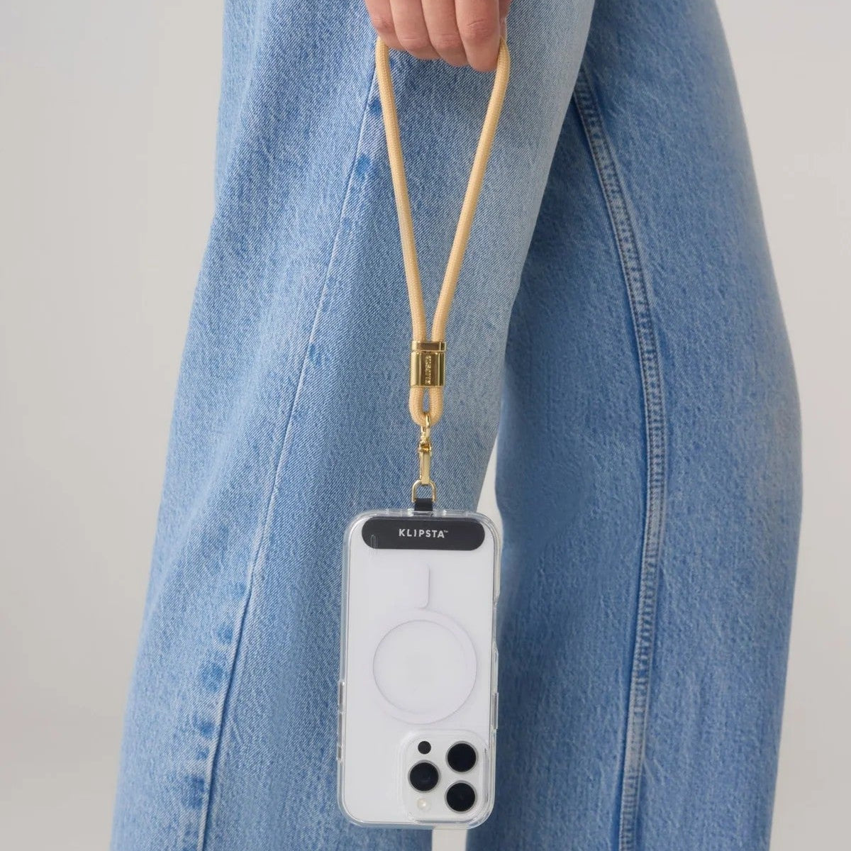 LOOP Phone Strap | Tan With Gold Hardware by Klipsta. Australian Art Prints and Homewares. Green Door Decor. www.greendoordecor.com