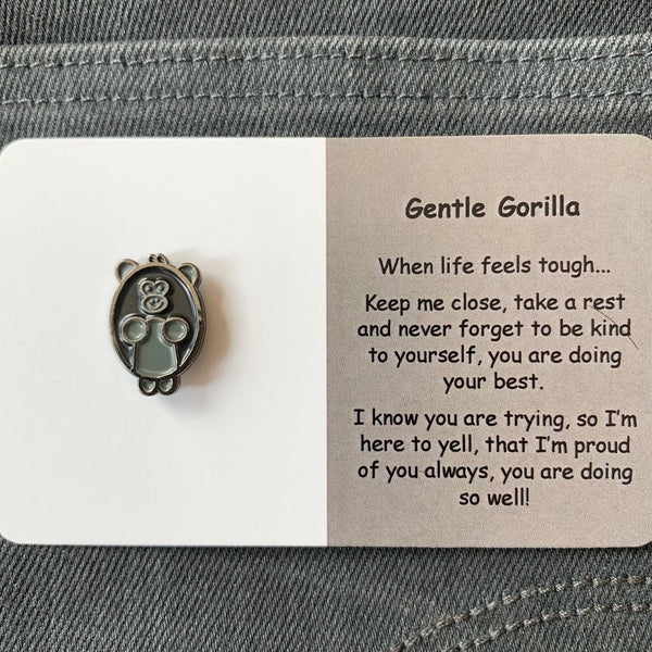 Gentle Gorilla | Mental Wellbeing Lapel Pin by Little Joys by Amelie. Australian Art Prints and Homewares. Green Door Decor. www.greendoordecor.com.au