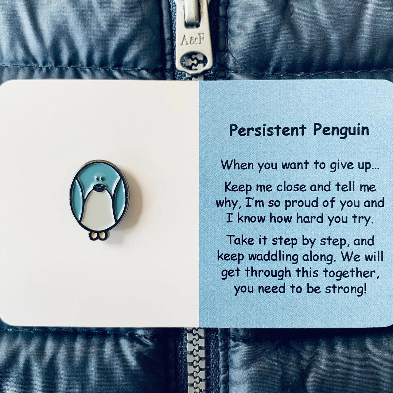 Persistent Penguin| Mental Wellbeing Lapel Pin by Little Joys by Amelie. Australian Art Prints and Homewares. Green Door Decor. www.greendoordecor.com.au