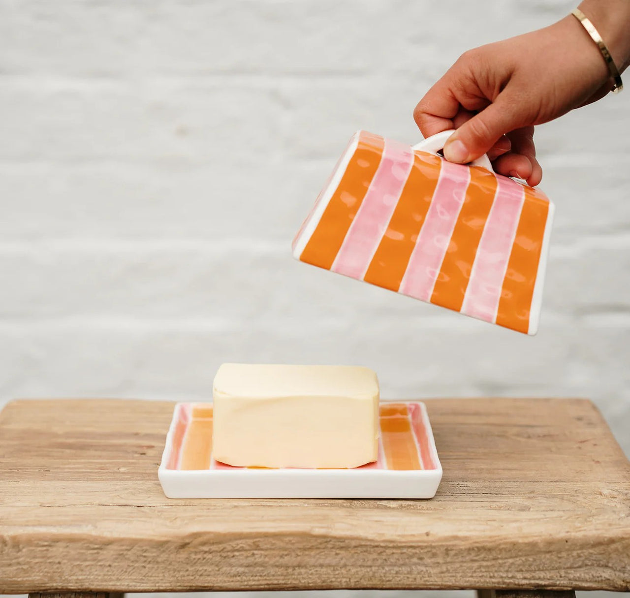 Ceramic Large Butter Dish | Orange & Pink Stripe by Noss & Co. Australian Art Prints and Homewares. Green Door Decor. www.greendoordecor.com.au