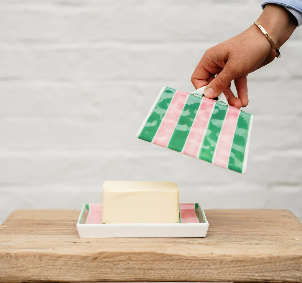 Ceramic Large Butter Dish | Pink & Green Stripe by Noss & Co. Australian Art Prints and Homewares. Green Door Decor. www.greendoordecor.com.au