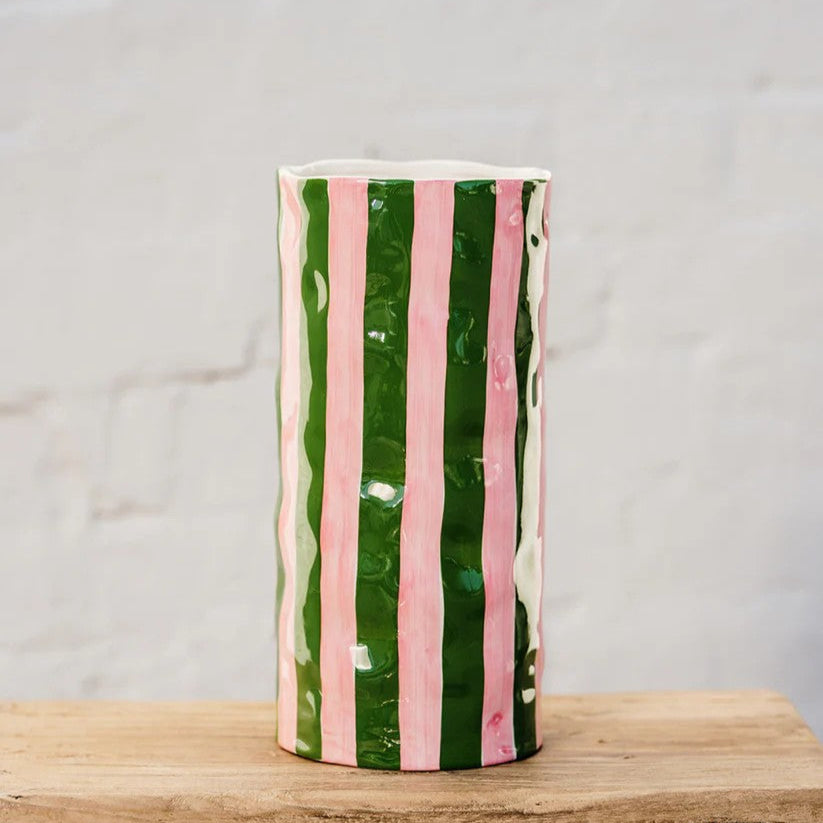 Large Vase | Dark Green & Pink Stripe by Noss & Co. Australian Art Prints and Homewares. Green Door Decor. www.greendoordecor.com.au