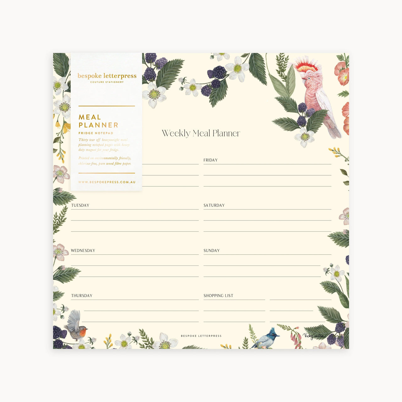 Meal Planner Notepad | Cockatoo by Bespoke Letterpress. Australian Art Prints and Homewares. Green Door Decor. www.greendoordecor.com.au