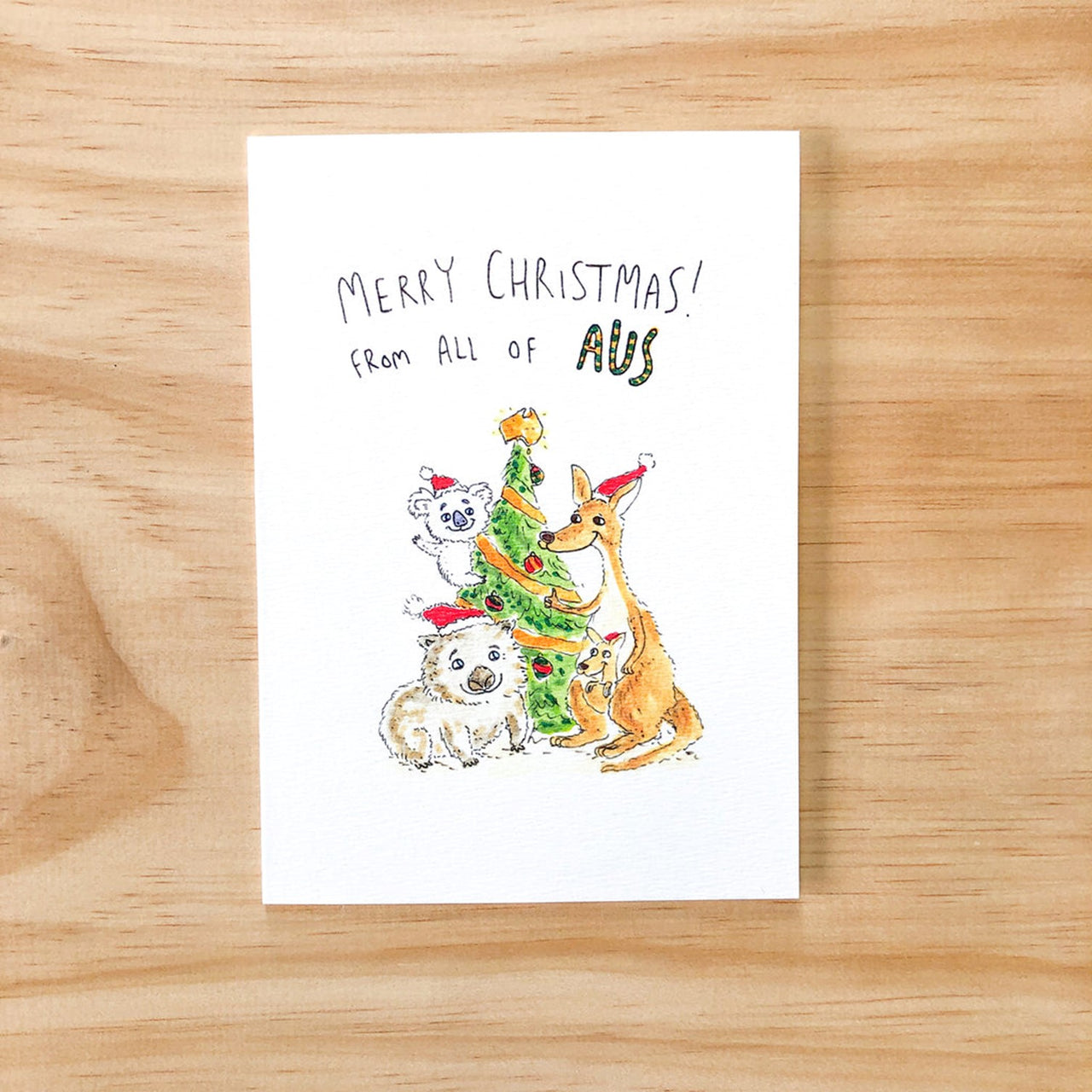 Merry Christmas From All of Aus| Greeting Card by Well Drawn. Australian Art Prints and Homewares. Green Door Decor. www.greendoordecor.com.au