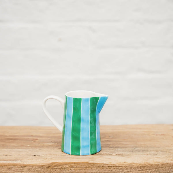 Noss Ceramic Milk Jug | Green & Cornflower Blue Stripes by Noss & Co. Australian Art Prints and Homewares. Green Door Decor. www.greendoordecor.com.au