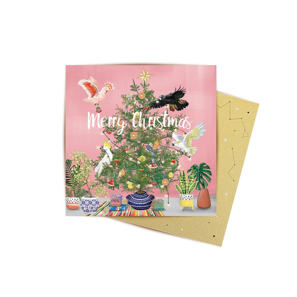 Mini Greeting Card | Birds Christmas Tree by La La Land. Australian Art Prints and Homewares. Green Door Decor. www.greendoordecor.com.au