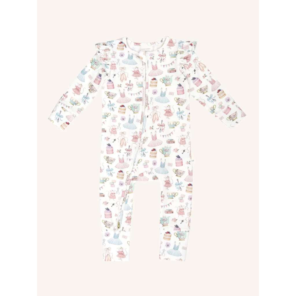 'Mini Party' Precious Frill Coverall Onesie by Fleur Harris. Australian Art Prints and Homewares. Green Door Decor. www.greendoordecor.com.au