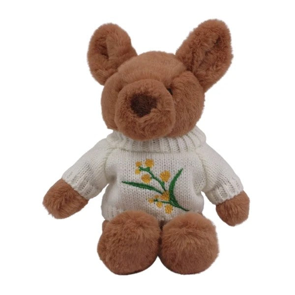 Mini Plush Jojo the Kangaroo with Wattle Jumper by Petite Vous. Australian Art Prints, Gifts, Fashion and Homewares. Green Door Decor. www.greendoordecor.com.au