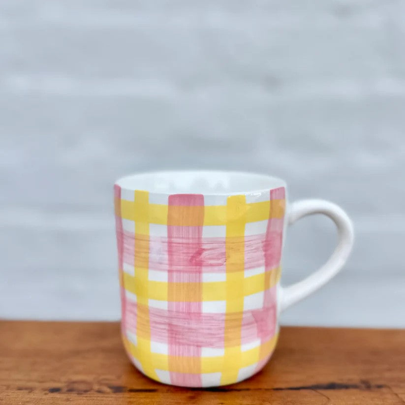 Ceramic Mug | Pink & Yellow Gingham by Noss & Co. Australian Art Prints and Homewares. Green Door Decor. www.greendoordecor.com.au