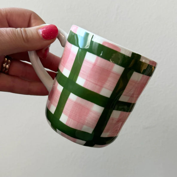 Ceramic Mug | Pink and Forest Green Gingham by Noss Ceramics. Australian Art Prints and Homewares. Green Door Decor. www.greendoordecor.com.au