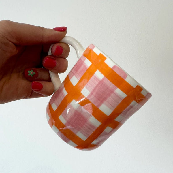 Ceramic Mug | Pink and Orange Gingham by Noss Ceramics. Australian Art Prints and Homewares. Green Door Decor. www.greendoordecor.com.au