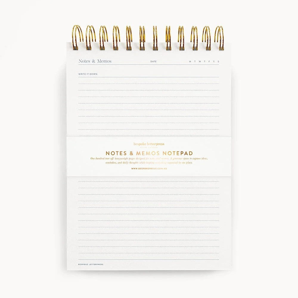 Notes and Memos Ringbound Notepad by Bespoke Letterpress. Australian Art Prints, Gifts, Fashion and Homewares. Green Door Decor. www.greendoordecor.com.au
