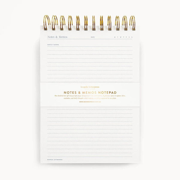 Notes and Memos Ringbound Notepad by Bespoke Letterpress. Australian Art Prints, Gifts, Fashion and Homewares. Green Door Decor. www.greendoordecor.com.au
