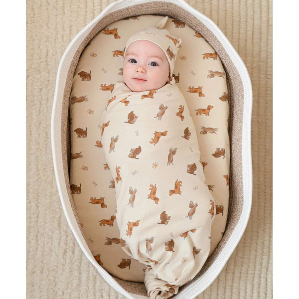 Organic Cotton Baby Swaddle Wrap | Dachshund Dog by Lummi in Colour. Australian Art Prints, Gifts, Fashion and Homewares. Green Door Decor. www.greendoordecor.com.au