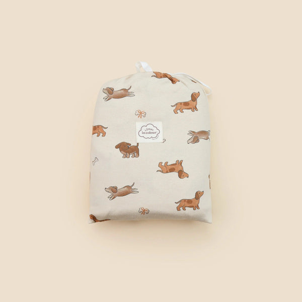 Organic Cotton Cot Sheet | Dachshund Dog by Lummi in Colour. Australian Art Prints, Gifts, Fashion and Homewares. Green Door Decor. www.greendoordecor.com.au