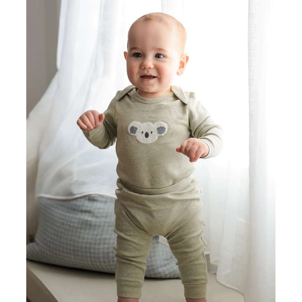 Organic Cotton Long Sleeve Bodysuit | Chenille Koala Bear by Lummi in Colour. Australian Art Prints, Gifts, Fashion and Homewares. Green Door Decor. www.greendoordecor.com.au