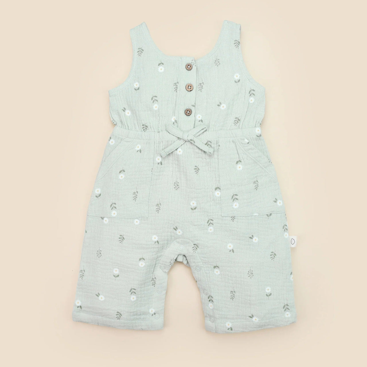 Organic Cotton Muslin Overall Romper | Daisy Green by Lummi in Colour. Australian Art Prints, Gifts, Fashion and Homewares. Green Door Decor. www.greendoordecor.com.au