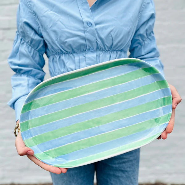 Oval Platter | Cornflower Blue & Mint Green Stripes by Noss Ceramics. Australian Art Prints and Homewares. Green Door Decor. www.greendoordecor.com.au