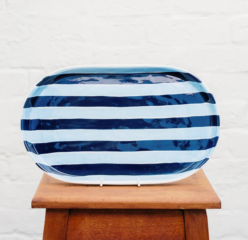 Oval Platter | Navy & Cornflower Blue Stripes by Noss Ceramics. Australian Art Prints and Homewares. Green Door Decor. www.greendoordecor.com.au