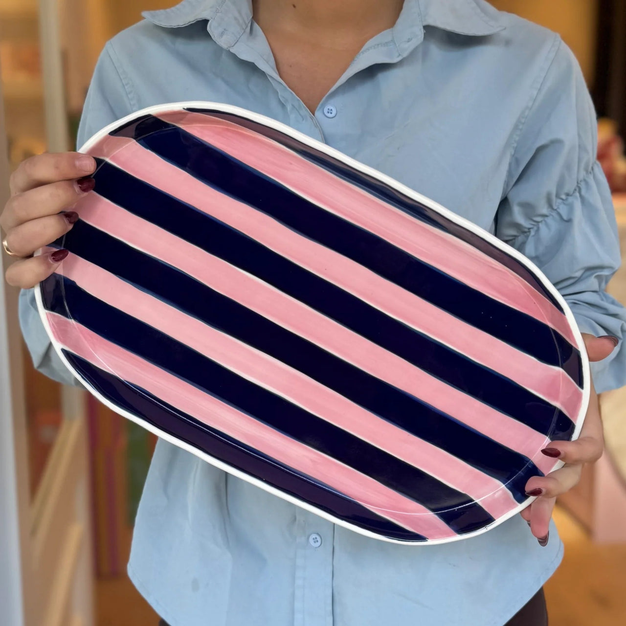 Noss Oval Platter | Pink & Navy Stripes by Noss & Co. Australian Art Prints, Fashion and Homewares. Green Door Decor. www.greendoordecor.com.au