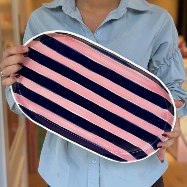 Noss Oval Platter | Pink & Navy Stripes by Noss & Co. Australian Art Prints, Fashion and Homewares. Green Door Decor. www.greendoordecor.com.au