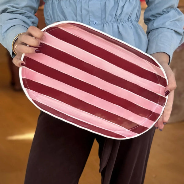 Noss Oval Platter | Pink & Burgundy Stripe by Noss & Co. Australian Art Prints, Fashion and Homewares. Green Door Decor. www.greendoordecor.com.au