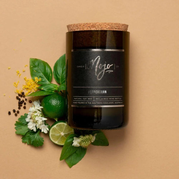 'Black Label' Reclaimed Wine Bottle Candle | Peppercorn | Mojo Candle Co. Australian Art Prints, Gifts, Fashion and Homewares. Green Door Decor. www.greendoordecor.com.au