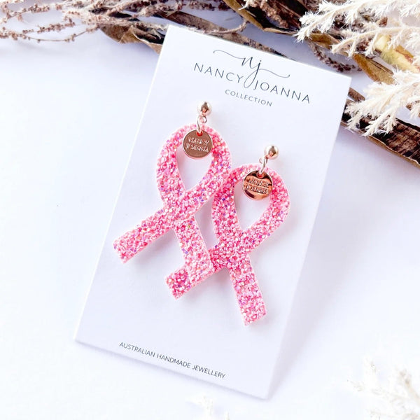 Light Pink Ribbon Breast Cancer Fundraiser Earrings | Rose Gold by Nancy Joanna. Australian Art Prints and Homewares. Green Door Decor. www.greendoordecor.com.au