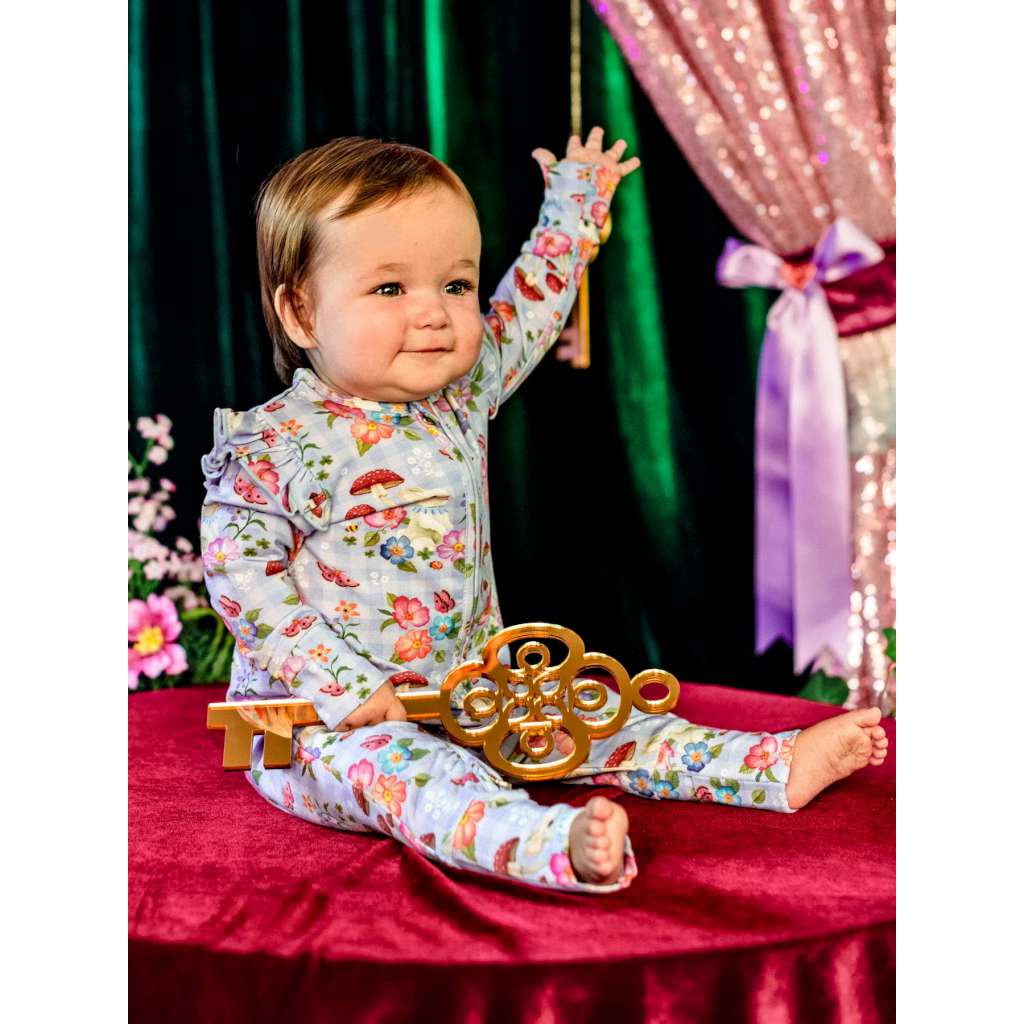 'Curious Bunny' Precious Frill Coverall | Cornflower Check by Fleur Harris. Australian Art Prints, Gifts, Fashion and Homewares. Green Door Decor. www.greendoordecor.com.au